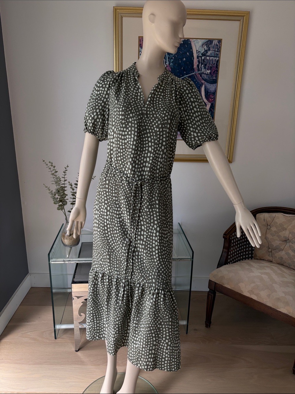 In wear Polka Dot Olive Green Midi Dress with Tie Waist